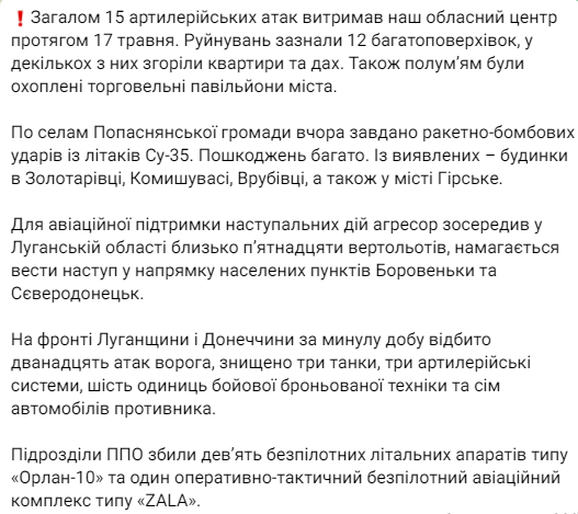 За минувшие сутки российские войска нанесли 15 артиллерийских ударов по Луганской области