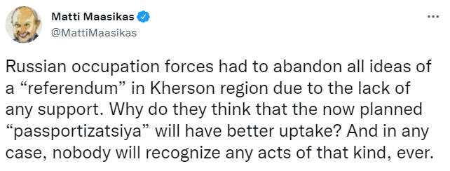 Маасикас отреагировал на указ Путина о паспортизации Запорожской и Херсонской областей