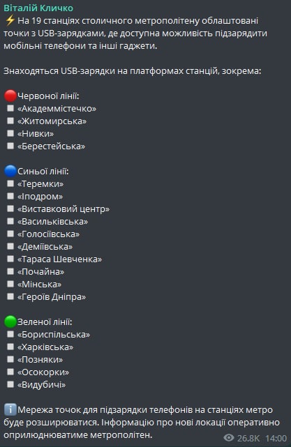 Кличко рассказал, где в Киеве в метро можно зарядить телефоны и другие гаджеты 