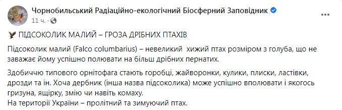 Скриншот из Фейсбука Чернобыльского заповедника 