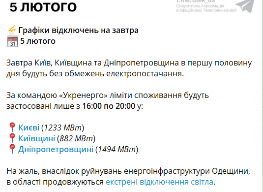Лимиты энергопотребления на 5 февраля