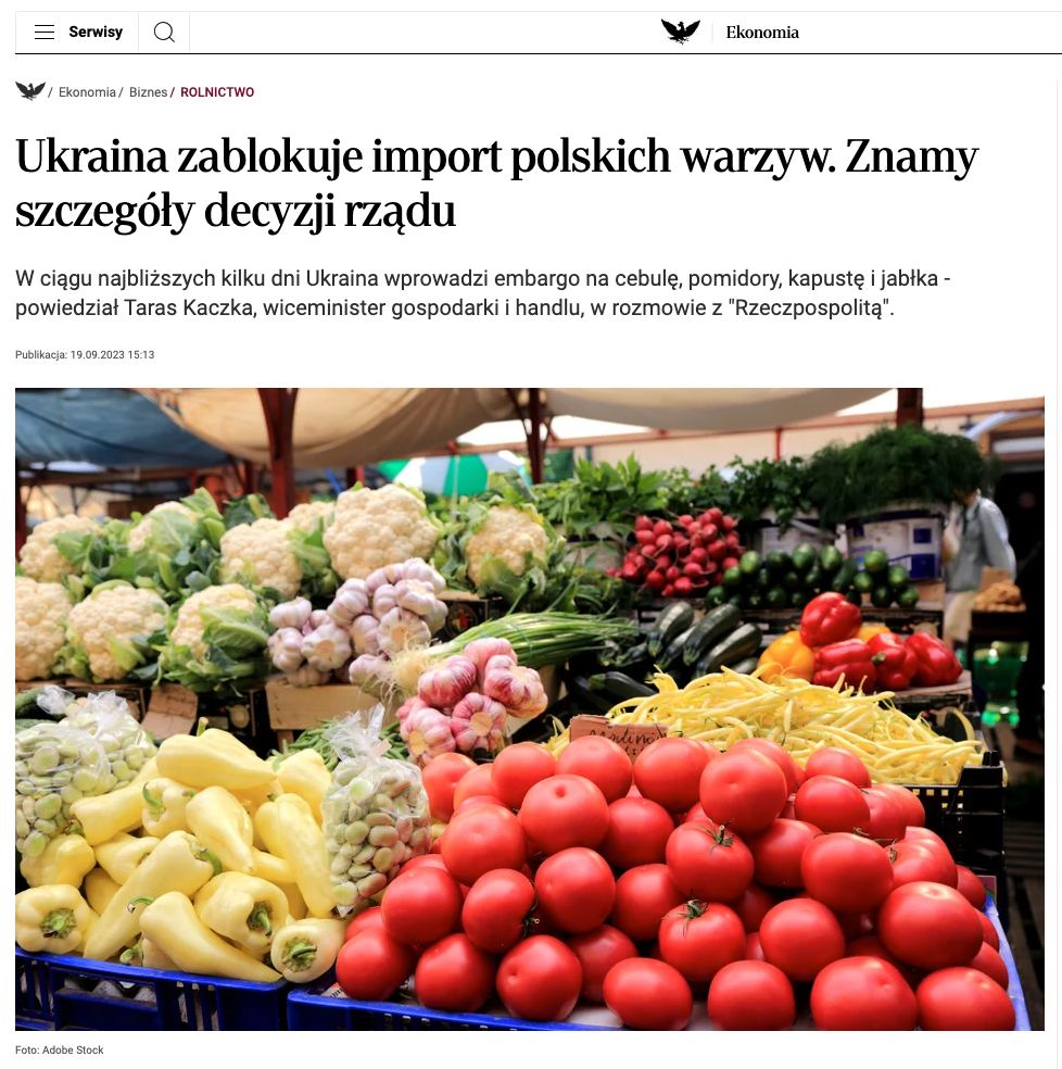 В ответ на запрет импорта украинских сельхозтоваров Киев заблокирует импорт польских овощей и фруктов