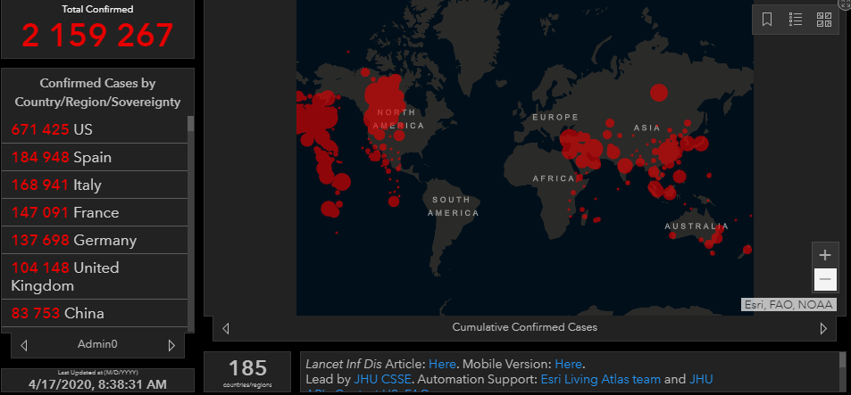 Коронавирус в мире 17 апреля. Данные университета Хопкинса