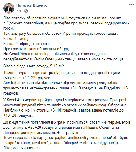 Прогноз погоды в Украине на 4 июня. Скриншот Facebook-страницы Диденко