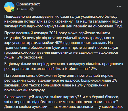 Сколько ресторанов в Украине не пережили локдаун весной 2021 года. Данные Opendatabot