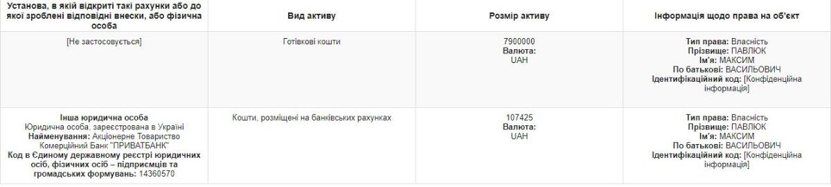 Скриншоты из декларации Павлюка. public.nazk.gov.ua