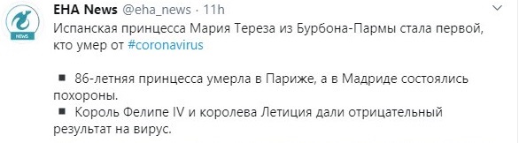 Принцесса Испании Мария Тереза Бурбон-Пармская скончалась от коронавируса. Скриншот: Twitter \ EHA News