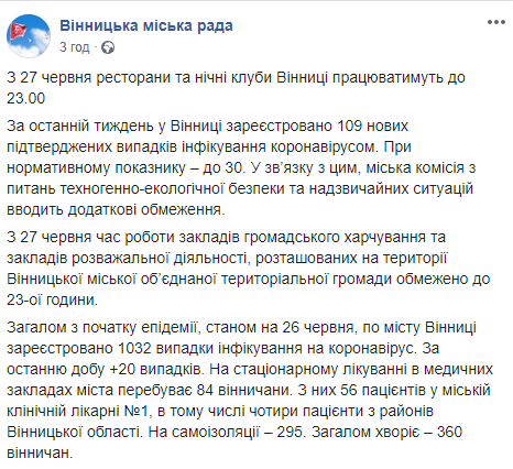 Винница ужесточает карантин. Скриншот: Винницкий горсовет в Фейсбук