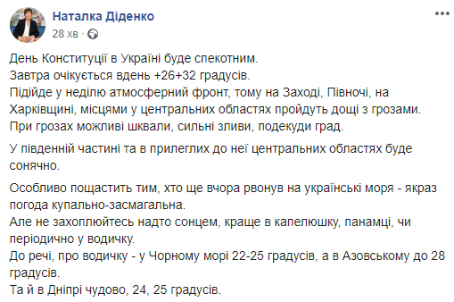 День Конституции в Украине будет жарким, кое-где ожидается дождь с грозами - синоптик. Скриншот: Наталка Диденко в Фейсбук