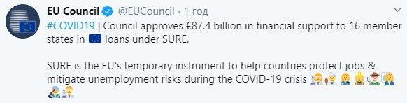 ЕС утвердил финансовую помощь 16 государствам-членам на 87,4 млрд евро. Скриншот: Твиттер