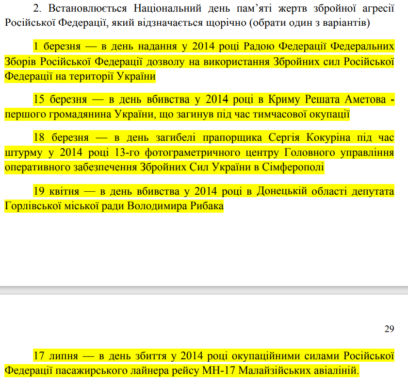 Украинские власти хотят заставить жителей ОРДЛО и Крыма праздновать день окончания российской оккупации. Скриншот: Документ