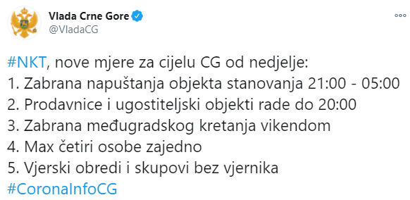 Черногория закрывается на локдаун с воскресенья. По всей стране будет действовать комендантский час. Скриншот: Правительство Черногории в Твиттере