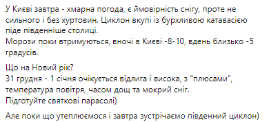 Прогноз погоды в Украине 28 декабря и на Новый год от Натальи Диденко