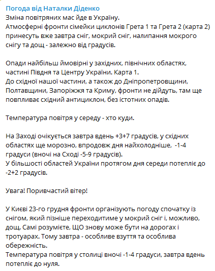 Прогноз погоды в Украине на 23 декабря от Натальи Диденко. Скриншот: telegram-канал/ Диденко