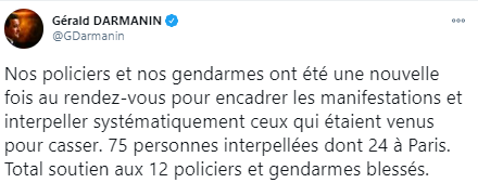 В Париже прошла акция протеста 16 января. Скриншот: twitter.com/gdarmanin