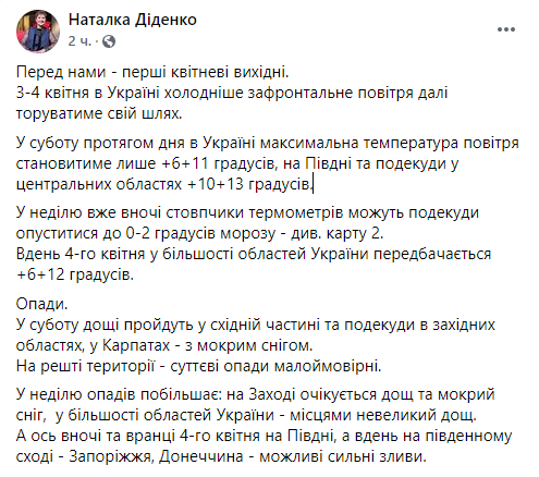 Прогноз погоды в Украине от синоптика Натальи Диденко на выходные - 3 и 4 апреля