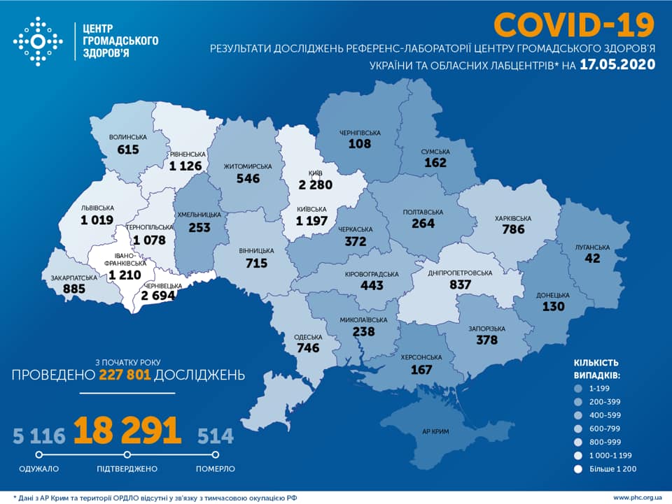 Опубликована карта распространения коронавируса в Украине по областям на 17 мая