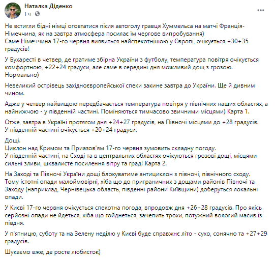Прогноз погоды от Натальи Диденко. Скриншот из фейсбука синоптика