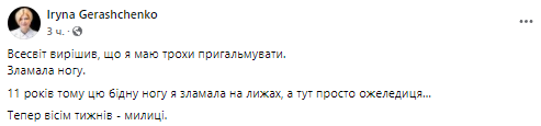 Ирина Геращенко сломала ногу. Скриншот из фейсбука