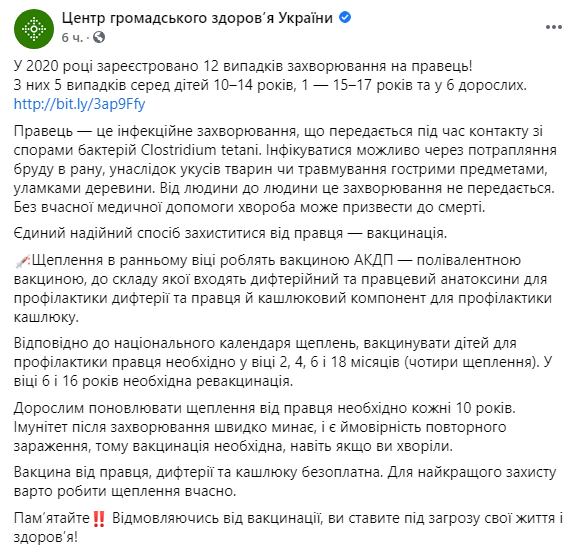 Согласно статистике, в 2020 году зарегистрировано 12 случаев столбняка, из них 5 случаев - среди детей