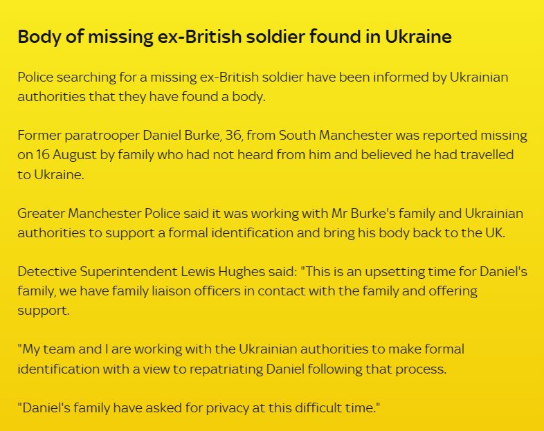 В Україні знайшли тіло зниклого британського добровольця