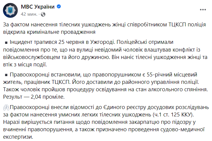 Реакція МВС на побиття дружини військового військкомом в Ужгороді