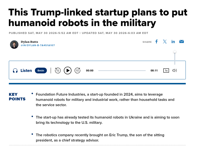 Снимок заголовка на cnbc.com &ndash; Связанный с Трампом бизнес начал испытывать человекоподобных роботов на войне в Украине