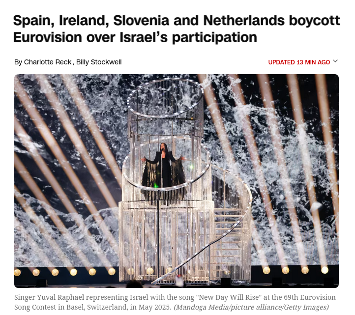 Снимок заголовка на edition.cnn.com - Страны Европы будут бойкотировать участие Израиля в конкурсе Евровидение-2026