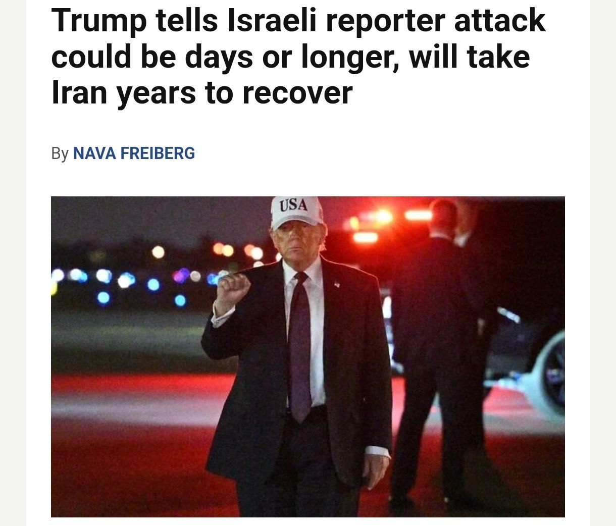 Снимок заголовка на timesofisrael.com &ndash; Трамп может закончить войну с Ираном через несколько дней