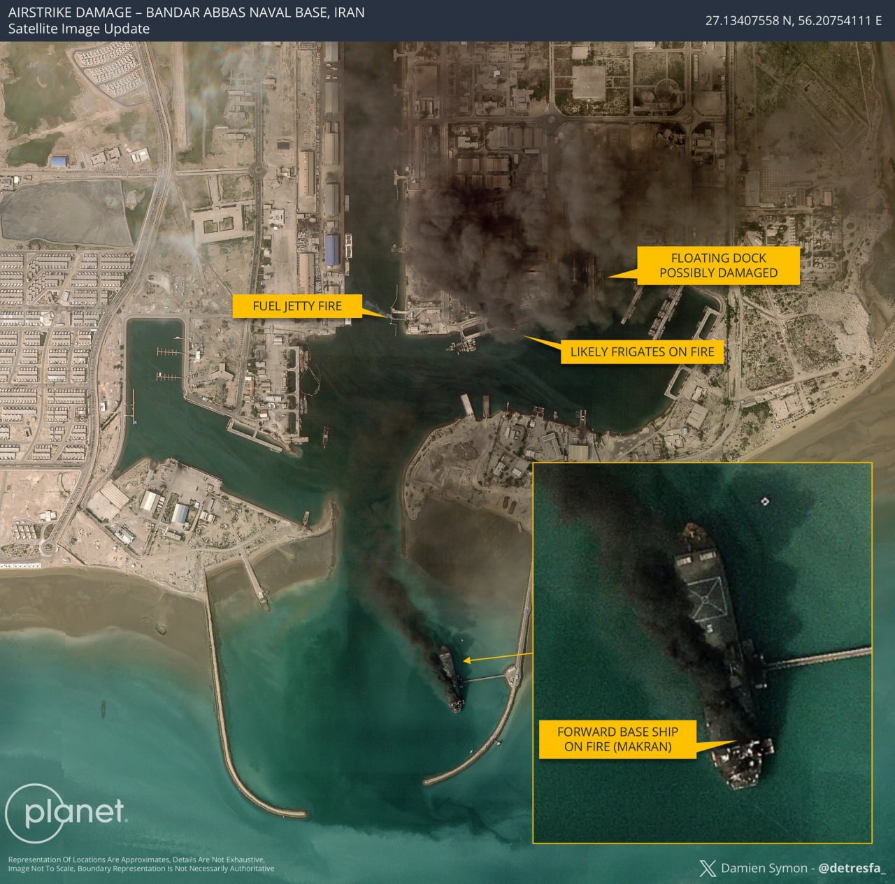 Фото палаючих військово-морської бази та авіаносця в Ірані. Джерело – planet.com
