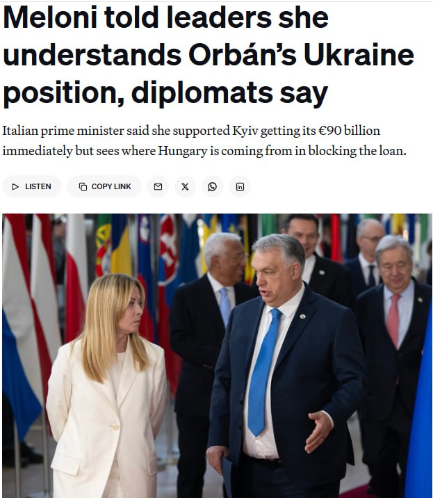 Снимок заголовка на politico.com &ndash; Премьер Италии поддержала Венгрию в позиции относительно Украины