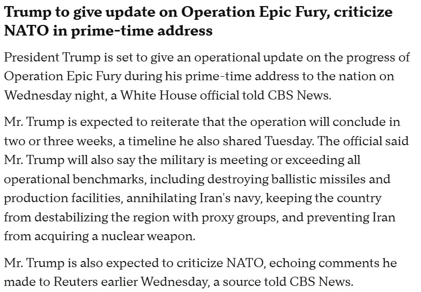 Снимок сообщения на cbsnews.com &ndash; Трамп сделает заявление о войне США с Ираном