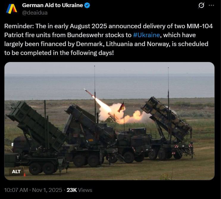 Снимок сообщения в Х - ФРГ передаёт Украине два ЗРК Patriot