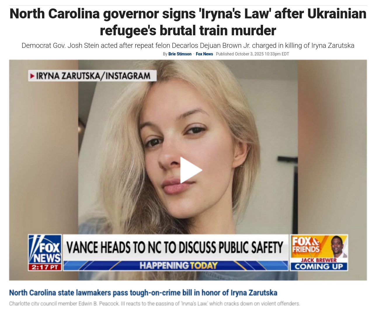 Снимок заголовка на foxnews.com/politics/north-carolina-governor-signs-irynas-law-after-ukrainian-refugees-brutal-train-murder