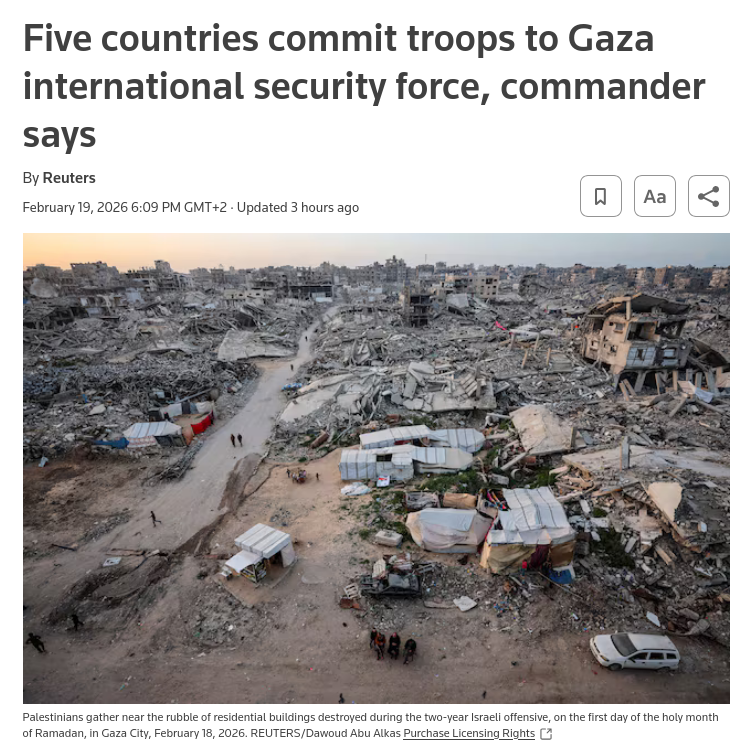 Снимок заголовка на reuters.com – Пять стран направят миротворцев в сектор Газа