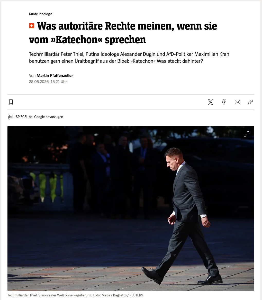 Снимок заголовка на spiegel.de – Питеру Тилю не дали прочитать лекцию об Антихристе в Австрии