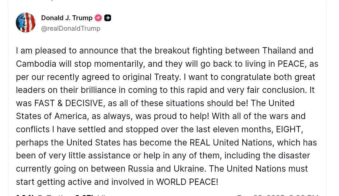 Трамп звинуватив ООН у нездатності зупинити війну між Росією та Україною